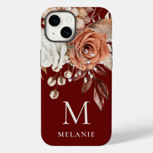 Terracotta Florals Monogram Initiaal Naam Bourgogn Case-Mate iPhone 14 Hoesje