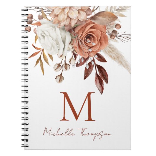 Terracotta Florals Monogram Initiaal Naam Notitieboek (Voorkant)