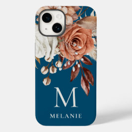 Terracotta Florals Monogram Initiaal Naam Turquois Case-Mate iPhone 14 Hoesje
