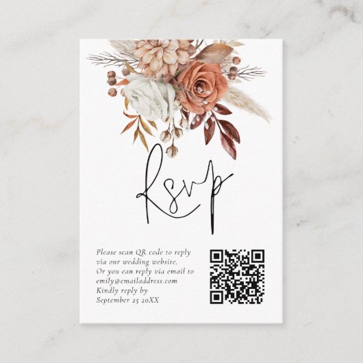 Terracotta Florals QR Code Bruiloft RSVP Kaart (Voorkant)