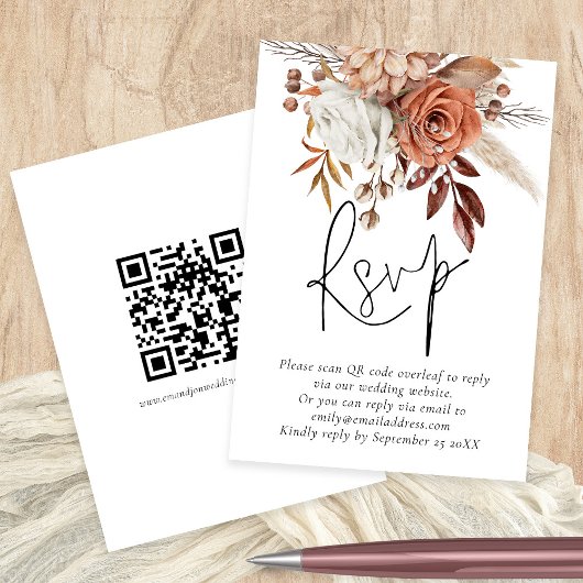 Terracotta Florals QR Code Bruiloft RSVP Kaart