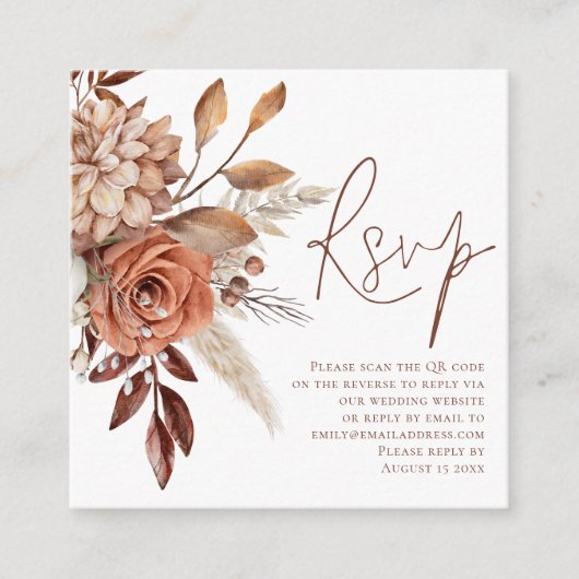 Terracotta Florals QR Code Script Bruiloft RSVP Informatiekaartje (Voorkant)