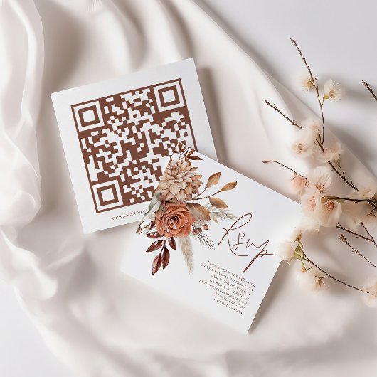Terracotta Florals QR Code Script Bruiloft RSVP Informatiekaartje