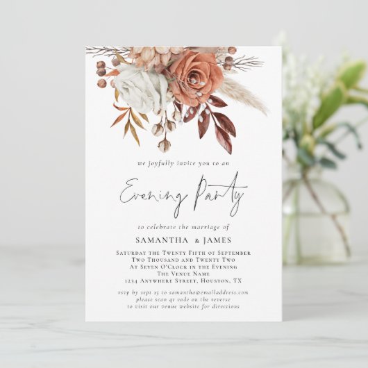Terracotta Florals QR Code Wedding Evening Party Kaart (Staand voorkant)