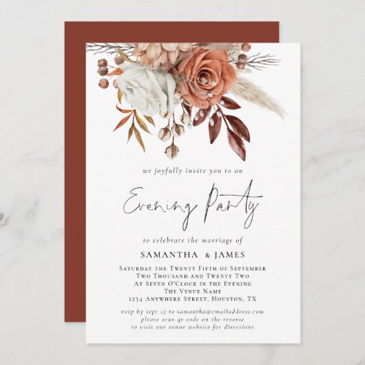 Terracotta Florals QR Code Wedding Evening Party Kaart (Voorkant / Achterkant)