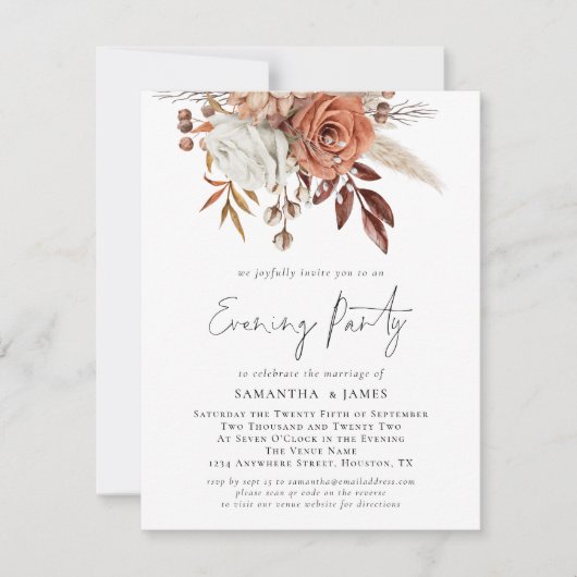 Terracotta Florals QR Code Wedding Evening Party Kaart (Voorkant)