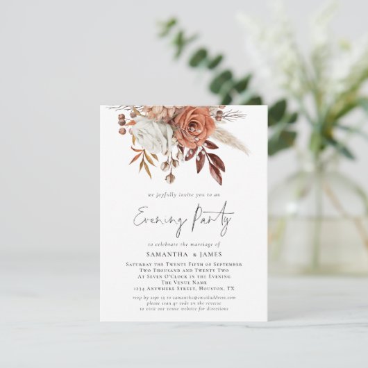 Terracotta Florals QR Code Wedding Evening Party Kaart (Staand voorkant)