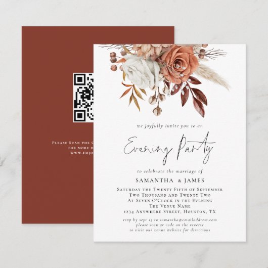 Terracotta Florals QR Code Wedding Evening Party Kaart (Voorkant / Achterkant)