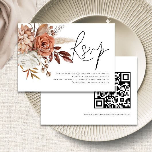 Terracotta Florals Script QR Code Weddenschap RSVP Kaartje
