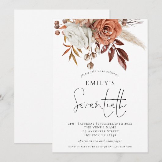 Terracotta Florals Seventieth Birthday Party Kaart (Voorkant / Achterkant)