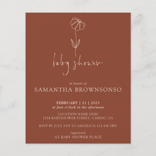 Terracotta Flower Botanical Budget Baby shower Flyer (Voorkant)