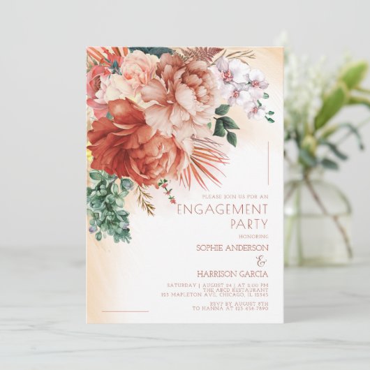 Terracotta Flower Pampas Grass Engagement Party Kaart (Staand voorkant)