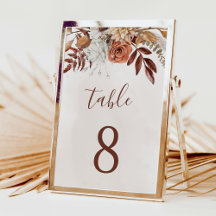 Terracotta Flowers Boho Fall Wedding Table Number