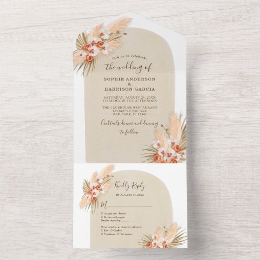 Terracotta Flowers Boho Pampas Grass Wedding All In One Uitnodiging (Binnen)