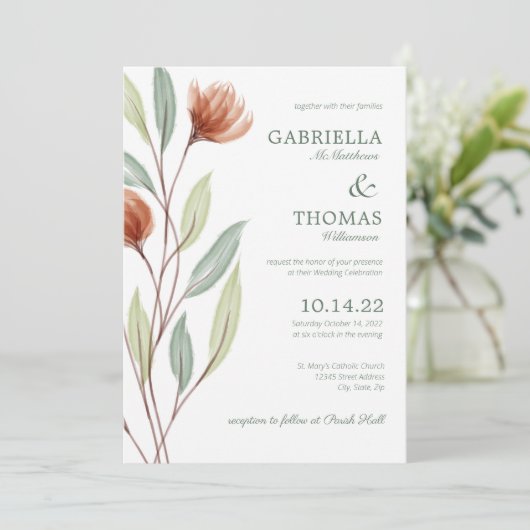 Terracotta Flowers Botanical Wedding Invitation Kaart (Staand voorkant)