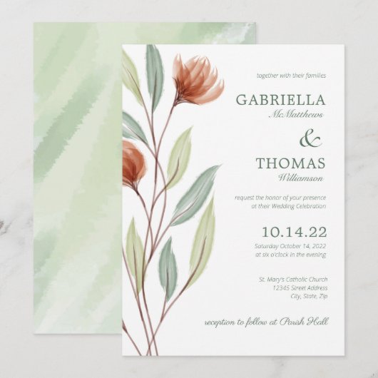 Terracotta Flowers Botanical Wedding Invitation Kaart (Voorkant / Achterkant)