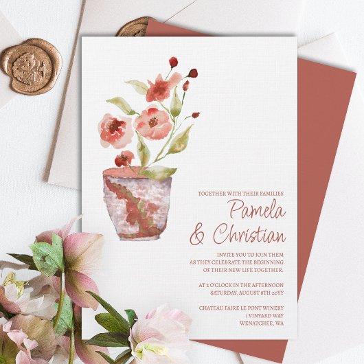 Terracotta Flowers, Clay Pot Wedding Invitations Kaart