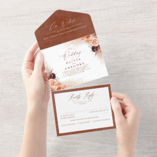 Terracotta Flowers en Pampas Grass Exotic Wedding All In One Uitnodiging