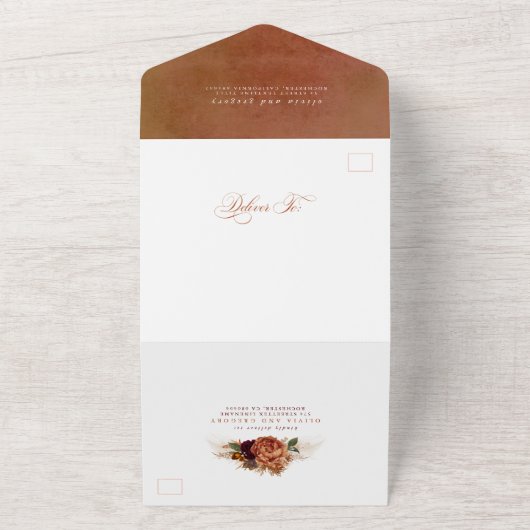 Terracotta Flowers en Pampas Grass Exotic Wedding All In One Uitnodiging (Buitenkant)