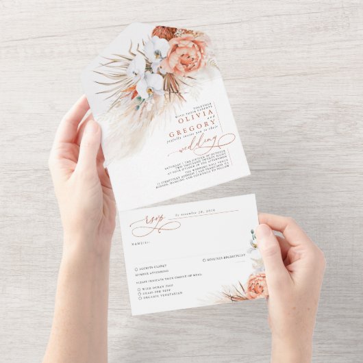 Terracotta Flowers en Pampas Grass Exotic Wedding All In One Uitnodiging (Afscheurbaar)