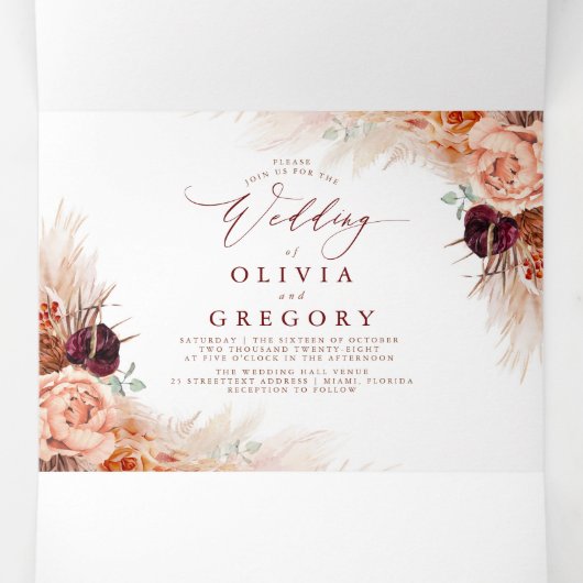 Terracotta Flowers en Pampas Grass Exotic Wedding Drieluik Uitnodiging (Binnenkant midden)