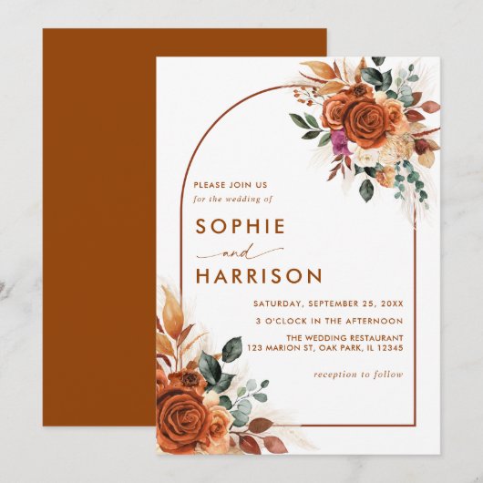 Terracotta Flowers en Pampas Grass Rust Wedding Kaart (Voorkant / Achterkant)