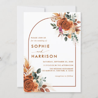 Terracotta Flowers en Pampas Grass Rust Wedding Kaart