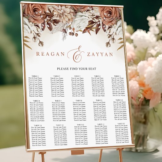 Terracotta Flowers Pampas Wedding Seding Chart Poster