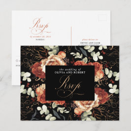 Terracotta Flowers Zwart Bruiloft RSVP Briefkaart