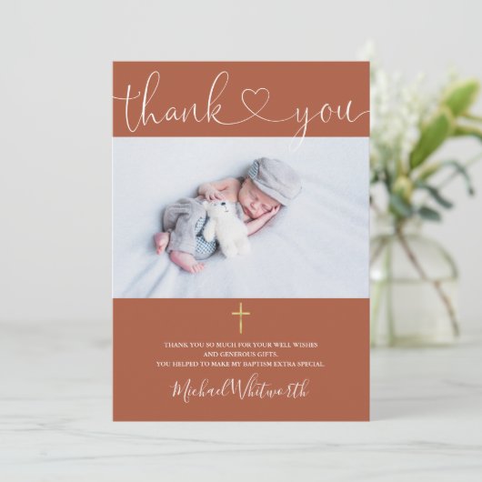 Terracotta Foto Handtekening Script Doop Hart Bedankkaart (Staand voorkant)