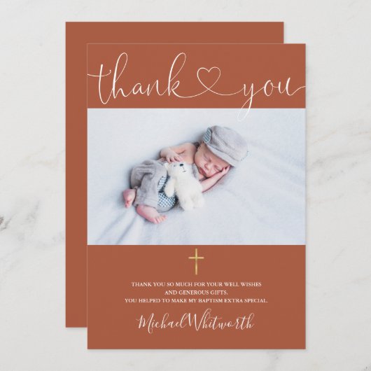 Terracotta Foto Handtekening Script Doop Hart Bedankkaart (Voorkant / Achterkant)