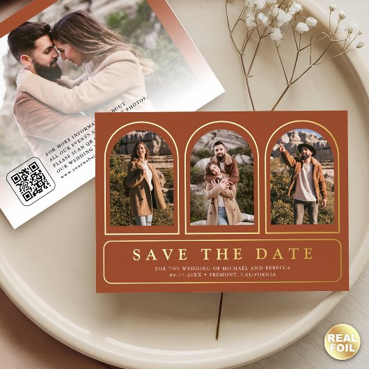 Terracotta Foto QR Code Huwelijk Save the Date Folie Uitnodiging
