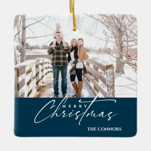 Terracotta Foto Vrolijk Kerstscript Familie Keramisch Ornament (Voorkant)