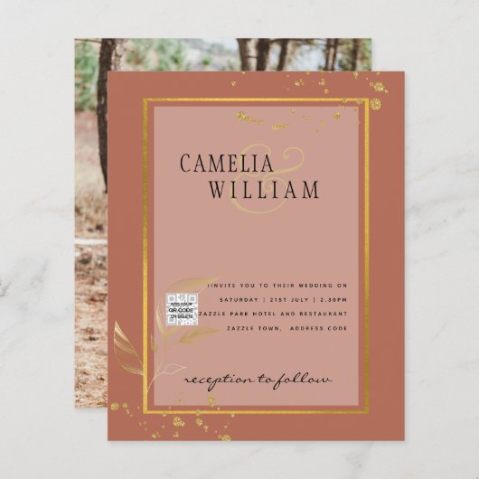 Terracotta FOTOCODES Huwelijksuitnodiging Bewaar d (Voorkant / Achterkant)