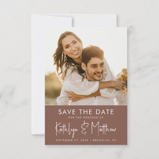Terracotta Fun Script Modern Photo Simple Wedding Save The Date (Voorkant)