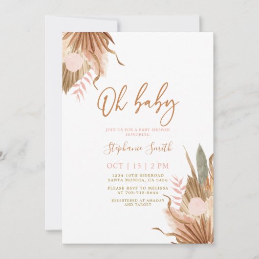 Terracotta gedroogde palmen Baby Shower Uitnodigin Kaart (Voorkant)