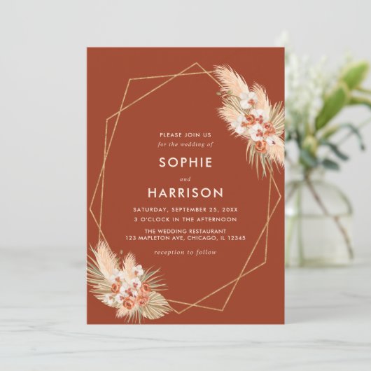 Terracotta Geometric Boho Pampas Grass Wedding Kaart (Staand voorkant)