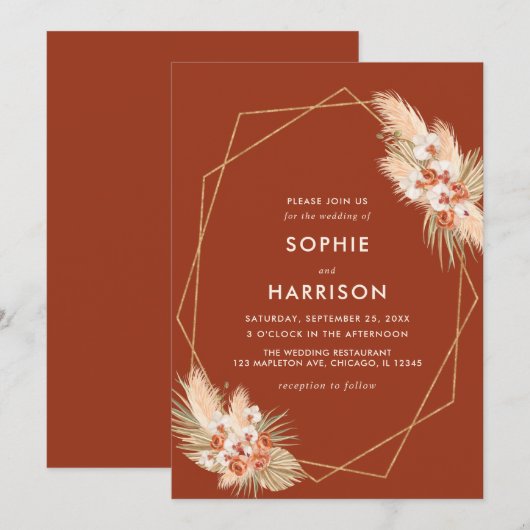 Terracotta Geometric Boho Pampas Grass Wedding Kaart (Voorkant / Achterkant)