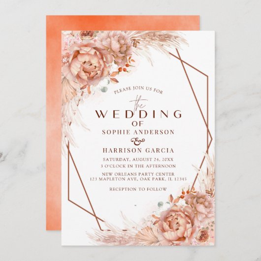 Terracotta Geometric Floral Pampas Grass Wedding Kaart (Voorkant / Achterkant)