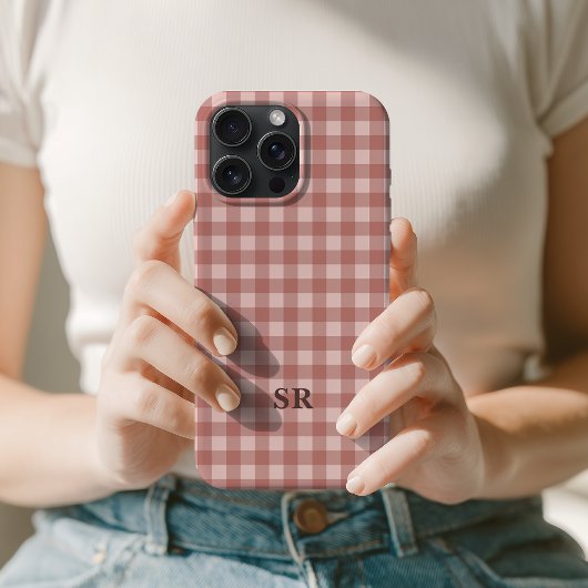Terracotta Gingham Monogram Moeder Oma Initiaal iPhone Hoesje