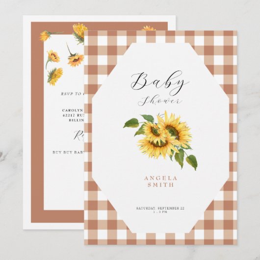 Terracotta Gingham Sunflower Generic Baby shower Kaart (Voorkant / Achterkant)