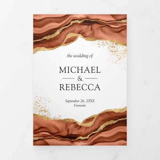 Terracotta Gold Abstracte Ink QR Code Weddenschap Drieluik Uitnodiging (Cover)