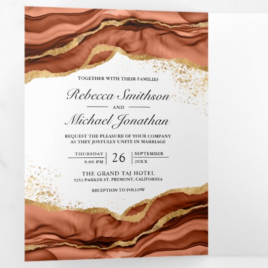 Terracotta Gold Abstracte Ink QR Code Weddenschap Drieluik Uitnodiging (Binnenzijde eerst)