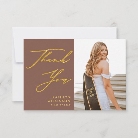 Terracotta Gold Elegant Script Photo Afstuderen Bedankkaart (Voorkant)