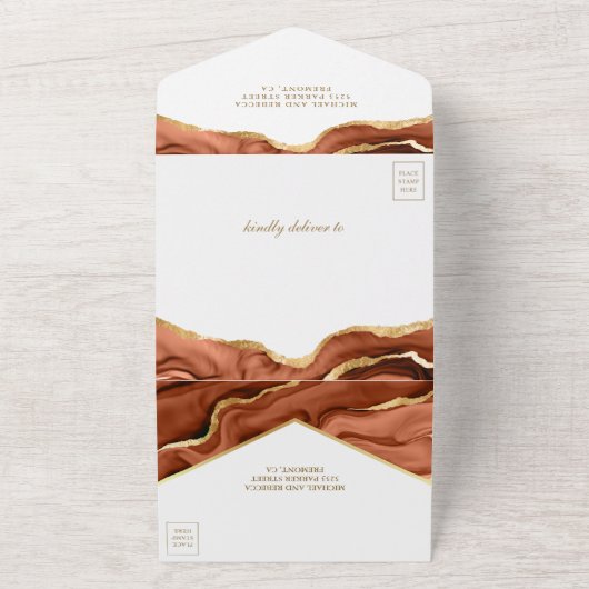 Terracotta Gold Foil Abstract fluid Ink Wedding All In One Uitnodiging (Buitenkant)