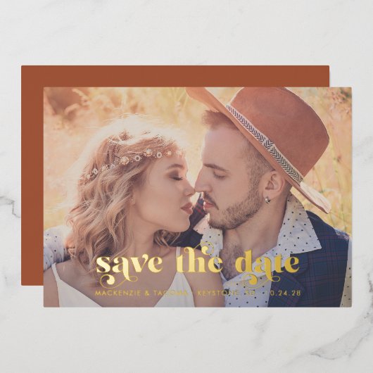 Terracotta Gold Foil Modern Photo Save the Date Folie Uitnodiging (Voorkant / Achterkant)
