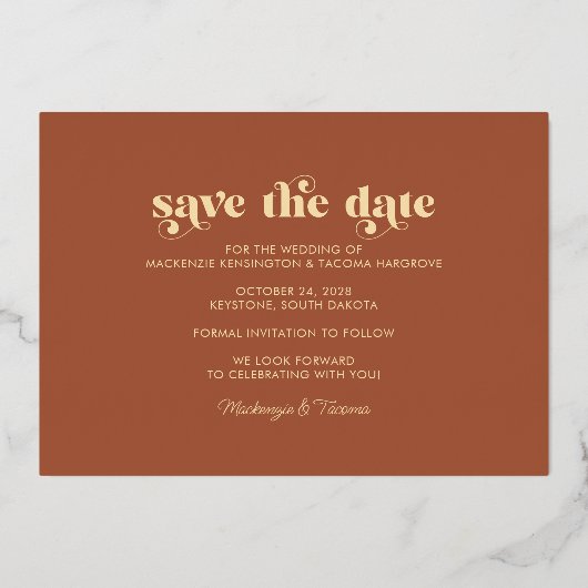 Terracotta Gold Foil Modern Photo Save the Date Folie Uitnodiging (Achterkant)