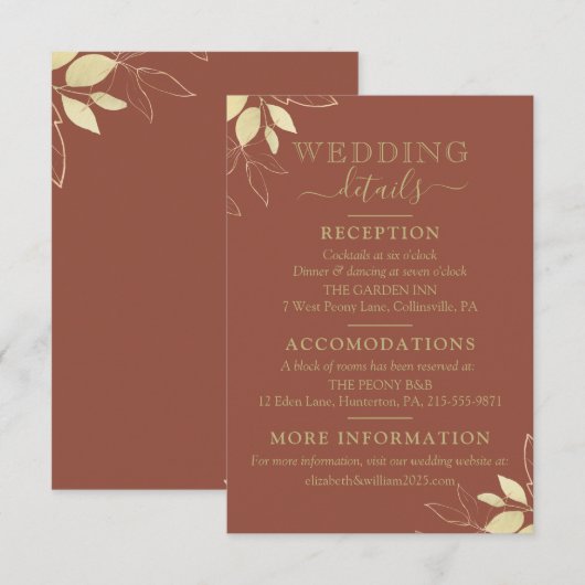 Terracotta & Gold Foliage Modern Botanical Wedding Informatiekaartje (Voorkant / Achterkant)