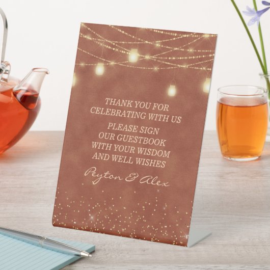 Terracotta Gold Glitter Lights Wedding Guestbook Reclamebord Met Voetstuk (Insitu)