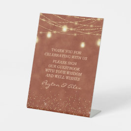 Terracotta Gold Glitter Lights Wedding Guestbook Reclamebord Met Voetstuk